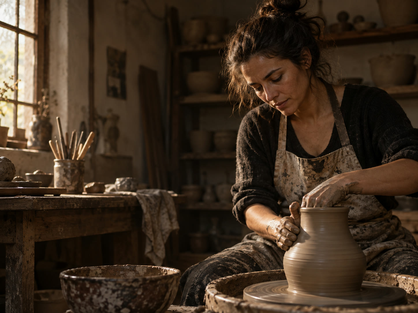Potter shaping a clay vessel