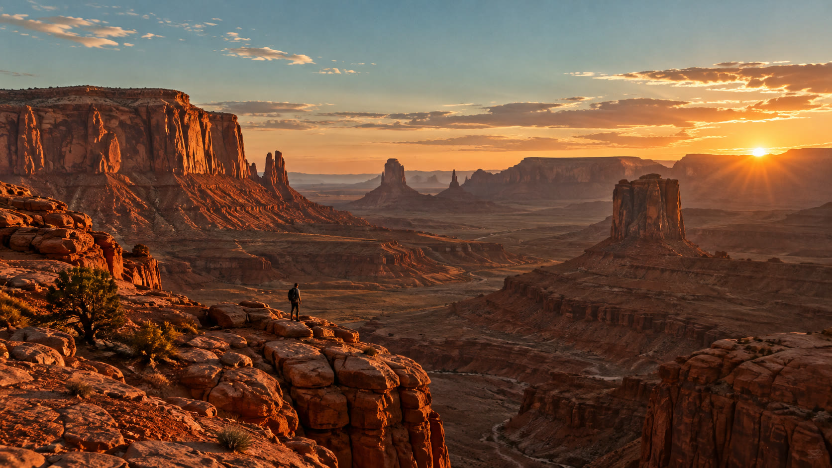 A lone hiker overlooking an expansive desert at sunset